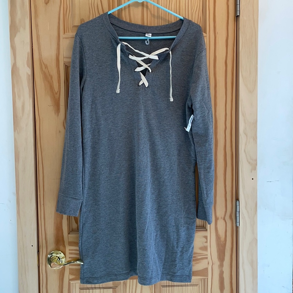 Old Navy Sweatshirt TUNIC MIDI DRESS Lace Up Crew Neck Heather Gray Size M NEW